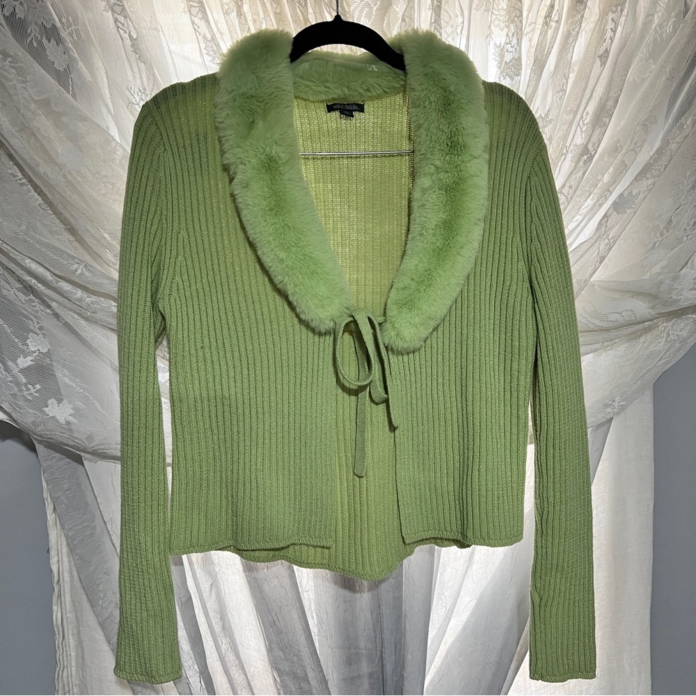 Green Fur-Trimmed Women's Sweater